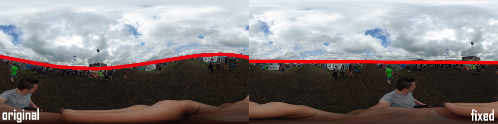 Links, das original Foto. An der Wellenform erkennt man, dass der Horizont schief ist. Rechts das mit Hugin korrigierte Panorama